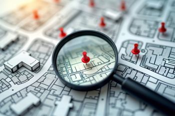 © Pete - stock.adobe.com Foto: Lupe, welche auf Karte mit Pin zeigt